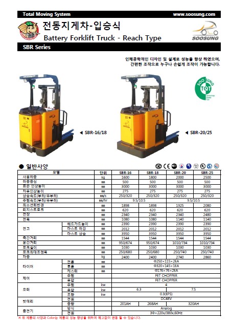 SOOSUNG（通稱帥成﹑水星﹑首星），前移式電瓶叉車 SBR-1600/1800/2000/2500